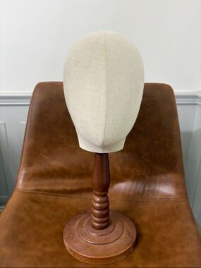 Neutral Canvas Millinery Hat Block on Wooden Stand